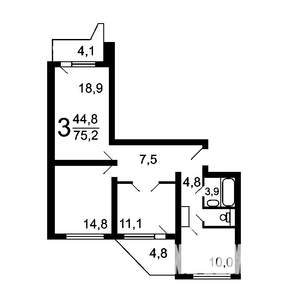 3-к квартира, вторичка, 74м2, 3/18 этаж