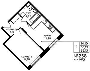 1-к квартира, вторичка, 36м2, 2/17 этаж