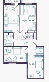 3-к квартира, вторичка, 86м2, 3/8 этаж