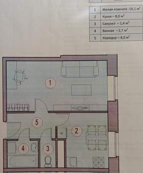 1-к квартира, вторичка, 33м2, 1/8 этаж