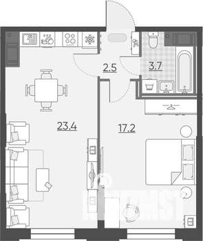 2-к квартира, вторичка, 47м2, 7/17 этаж